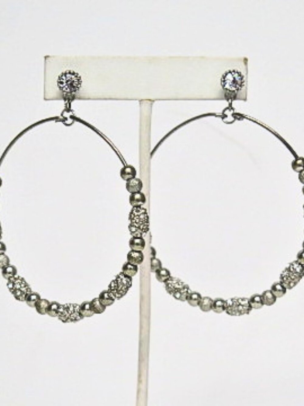 Large Silver Tone Rhinestone Beaded Hoop Earrings Statement Fashion Jewelry